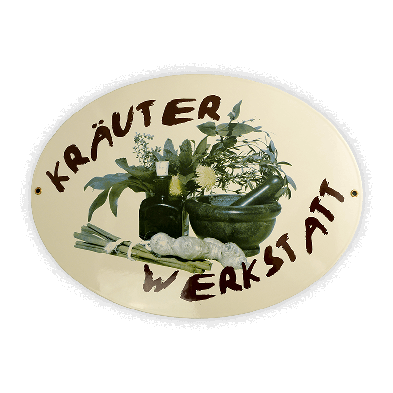 Münder Email Emailschild oval Kräuter Werkstatt Emaille mehrfarbig
