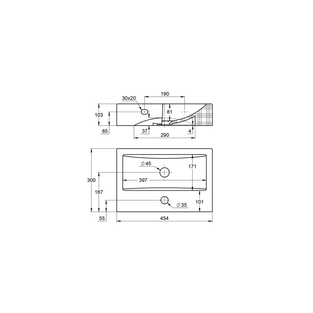 Treos Serie 800 Keramik-Waschbecken 454x300 weiß mit Hahnloch