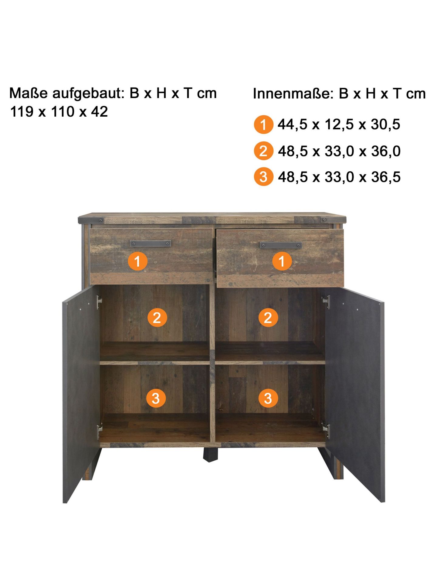 trendteam Prime Kommode 2TR 2SK Old Wood Matera