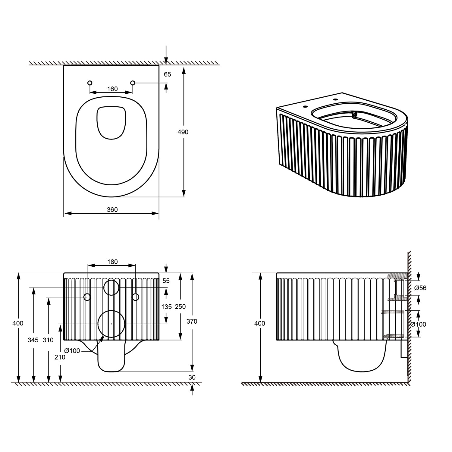 Treos Serie 810 Wand-Tiefspül-WC Set 49cm spülrandlos schwarz