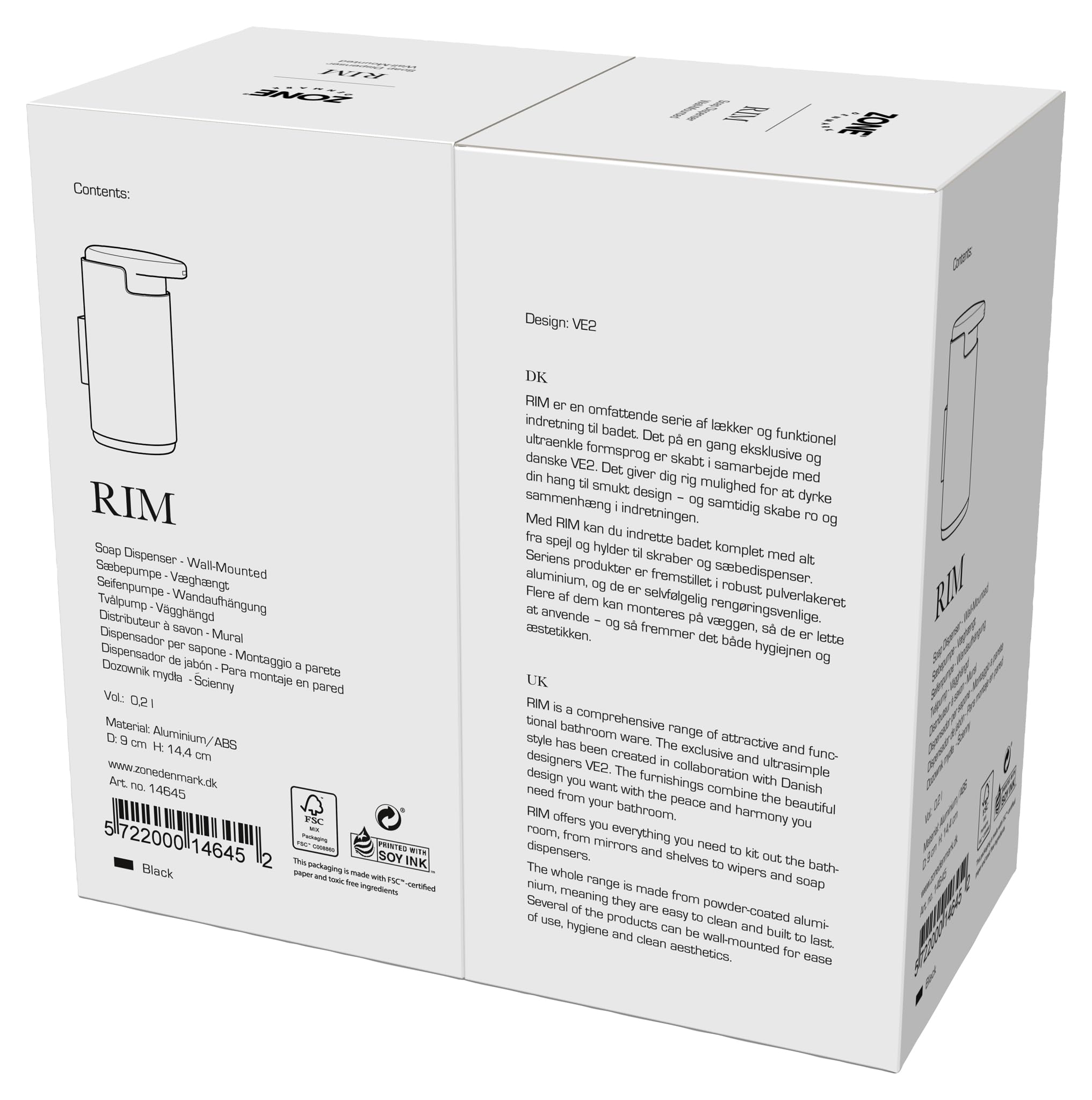 Zone Denmark RIM Seifenspender Wand 200ml Schwarz Aluminium