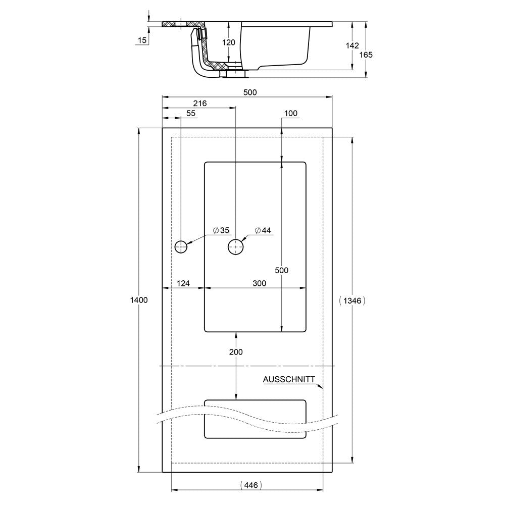 Treos Serie 750 Doppelbecken 1400x500 weiß mit Hahnloch