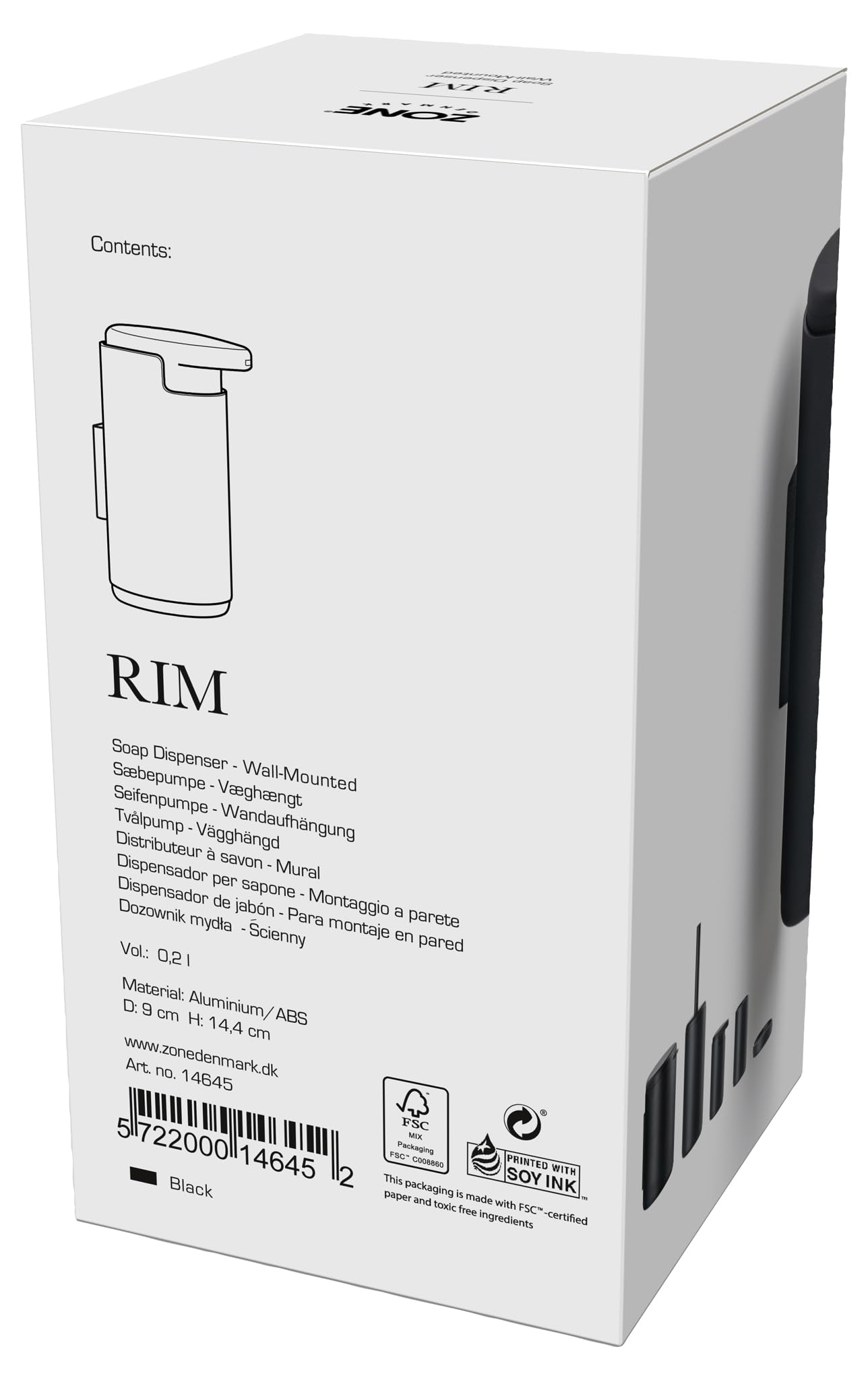 Zone Denmark RIM Seifenspender Wand 200ml Schwarz Aluminium