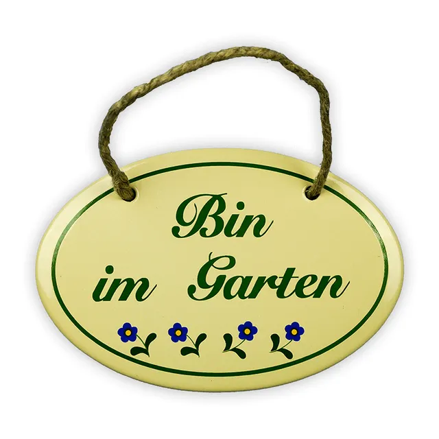 Münder Email Lagerschilder Bin im Garten Schild 15x10 cm mit Kordel