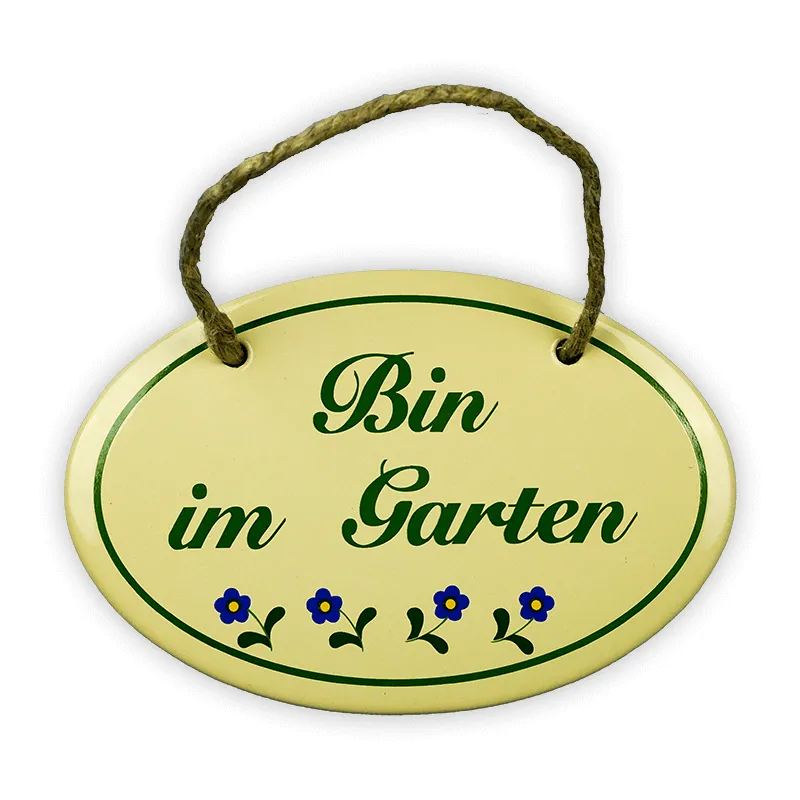 Münder Email Lagerschilder Bin im Garten Schild 15x10 cm mit Kordel