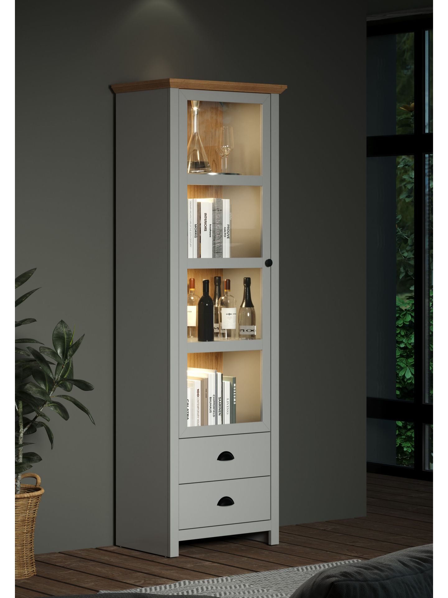 trendteam Landside Standvitrine lichtgrau mit Artisan Oak