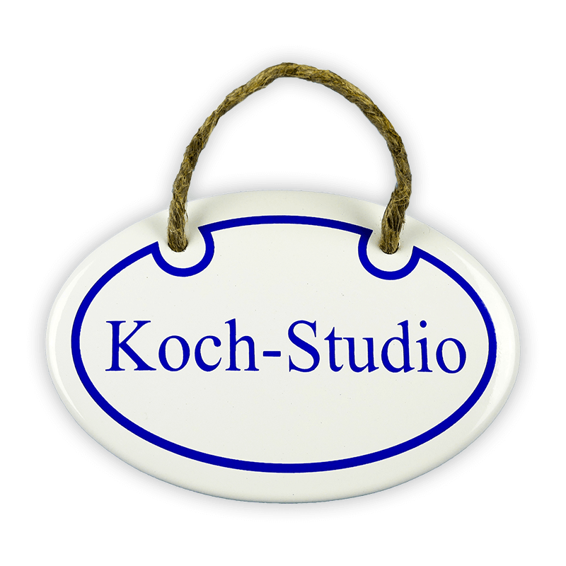 Münder Emaille Lagerschilder Koch-Studio Emailschild 10,5x7 cm weiß/blau