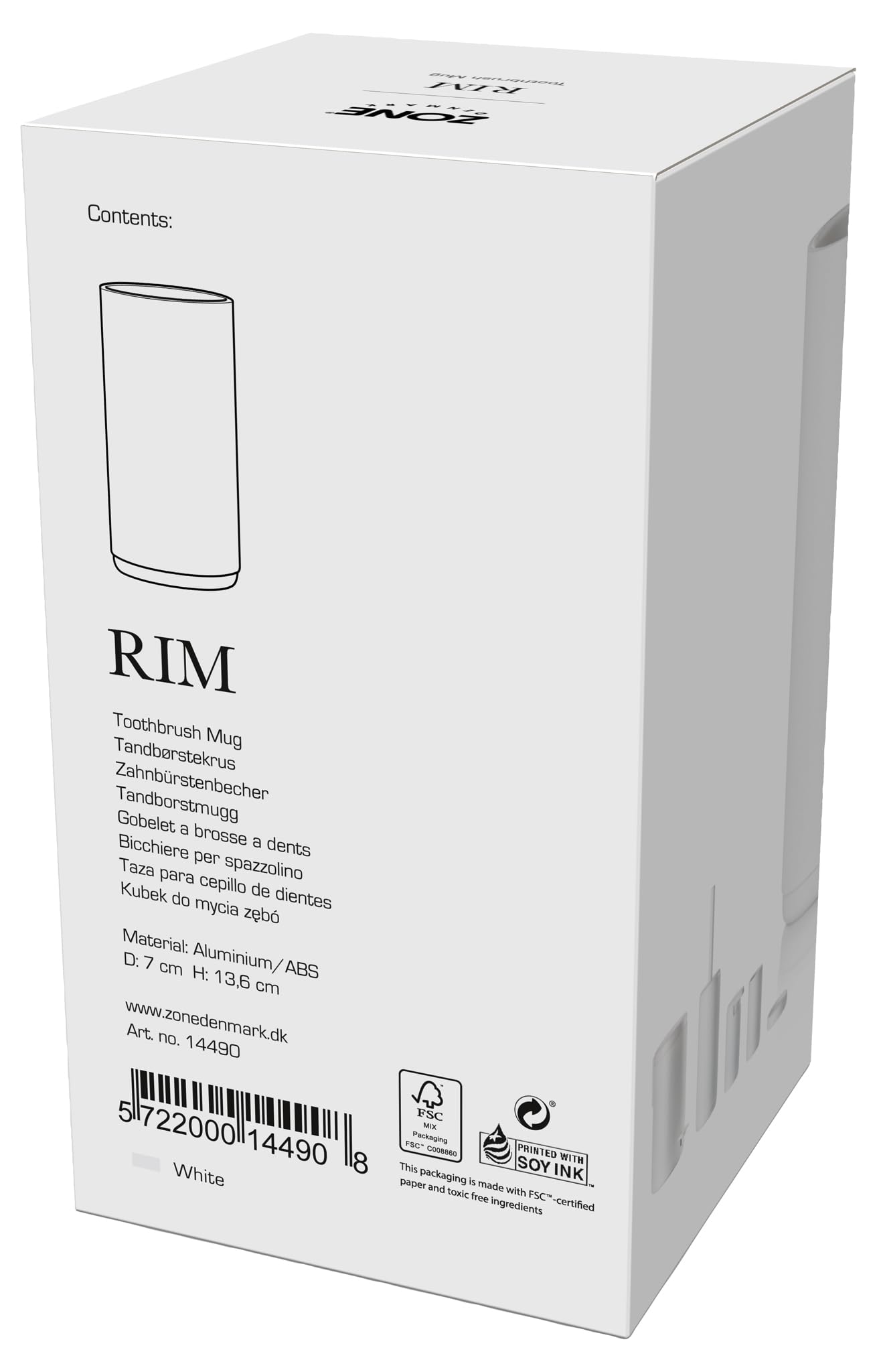 Zone Denmark Rim Zahnbürstenbecher Weiß 7x13,6 cm Alu
