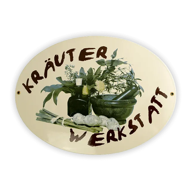 Münder Email Emailschild oval Kräuter Werkstatt Emaille mehrfarbig
