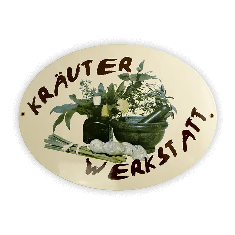Münder Email Emailschild oval Kräuter Werkstatt Emaille mehrfarbig