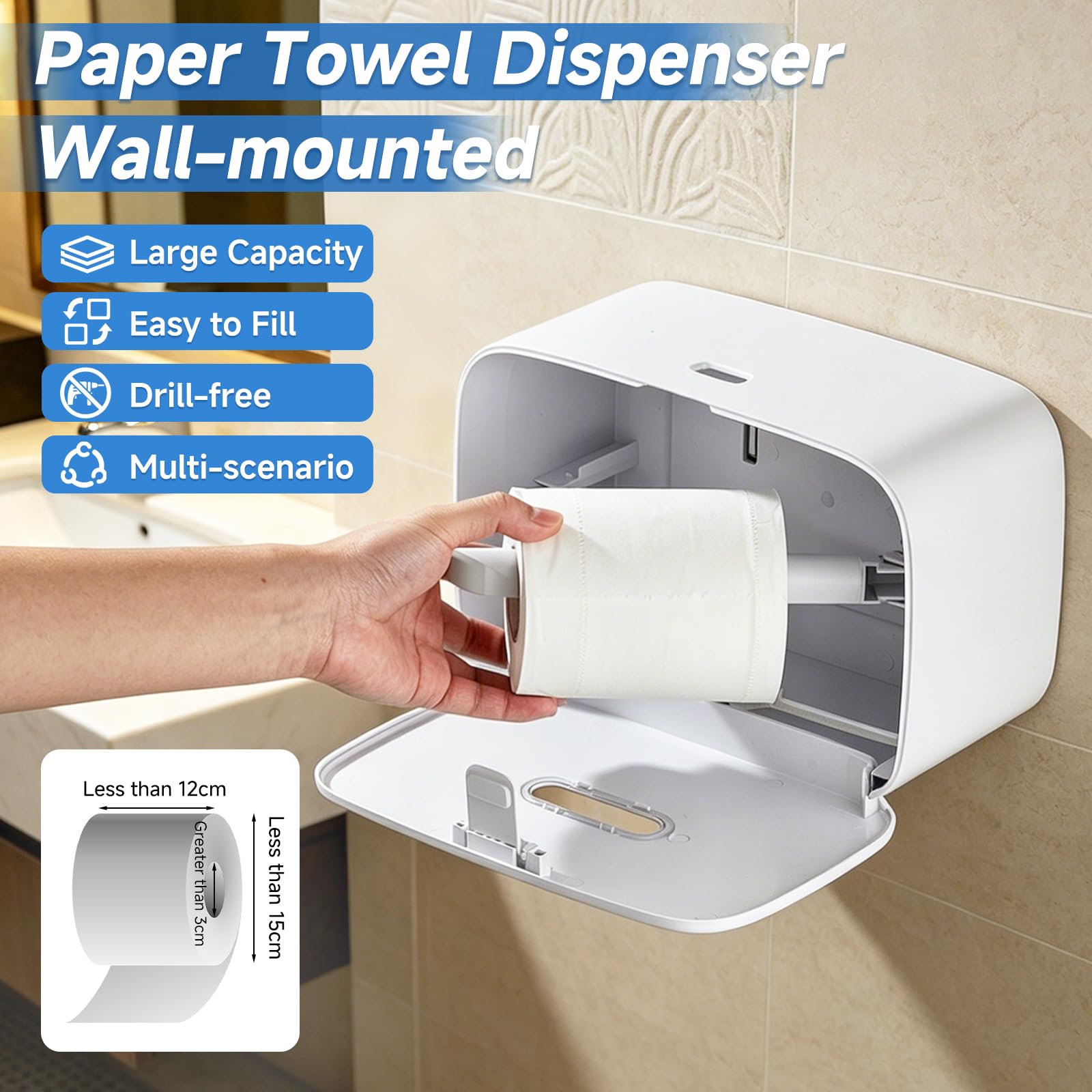Pollock Papierhandtuchspender Weiß 2-in-1 Wandmontage ohne Bohren