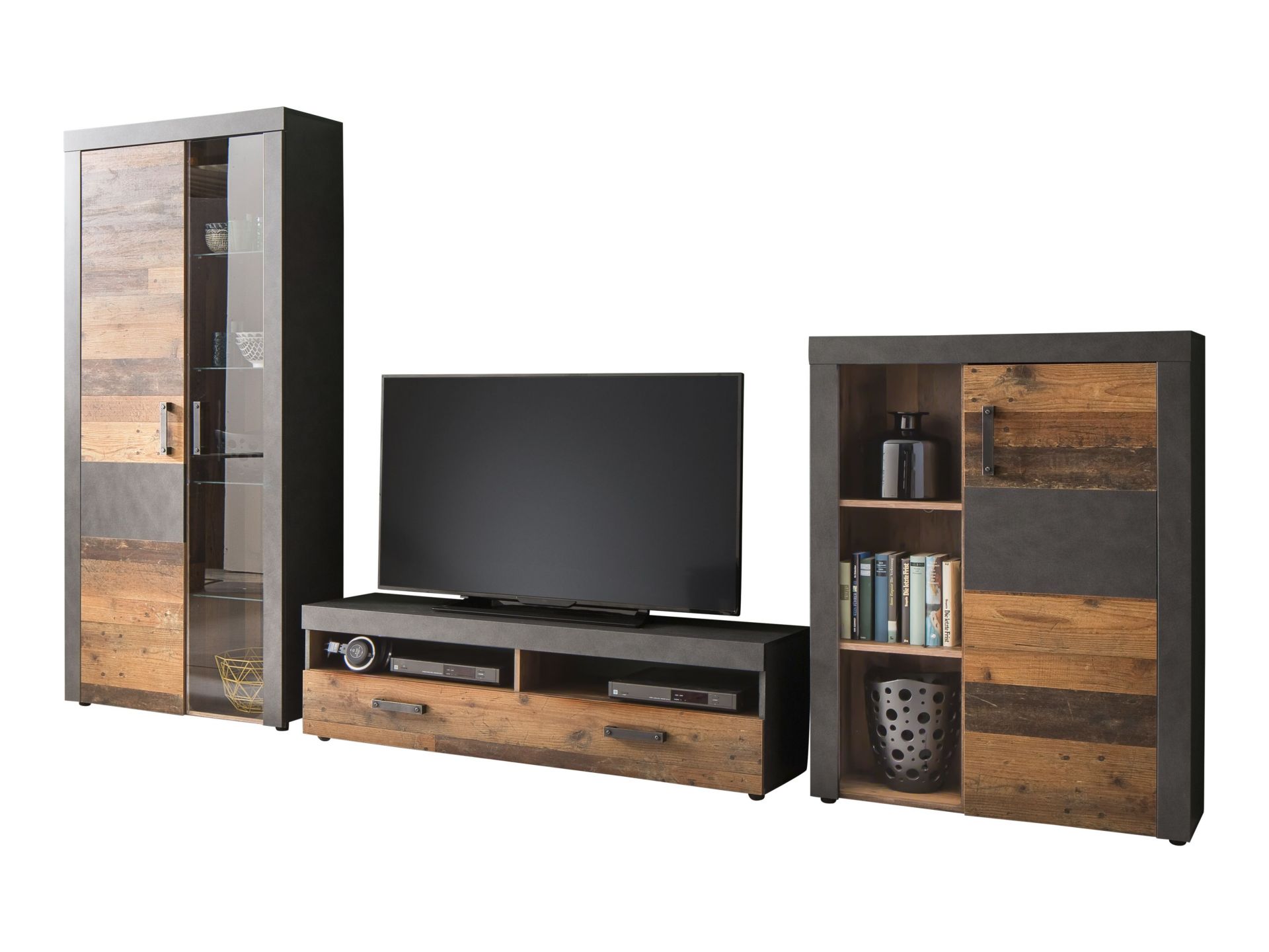 trendteam Indy Anbauwand Graphit Old Wood Wohnwand mit Beleuchtung