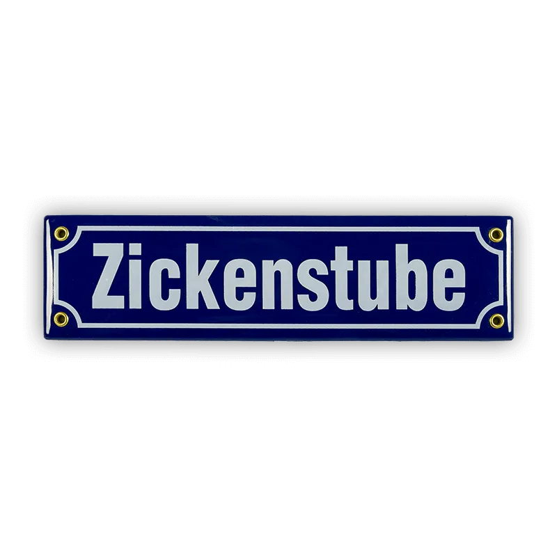 Münder Email Mini-Straßenschild Zickenstube Emailschild 30 cm blau/weiß