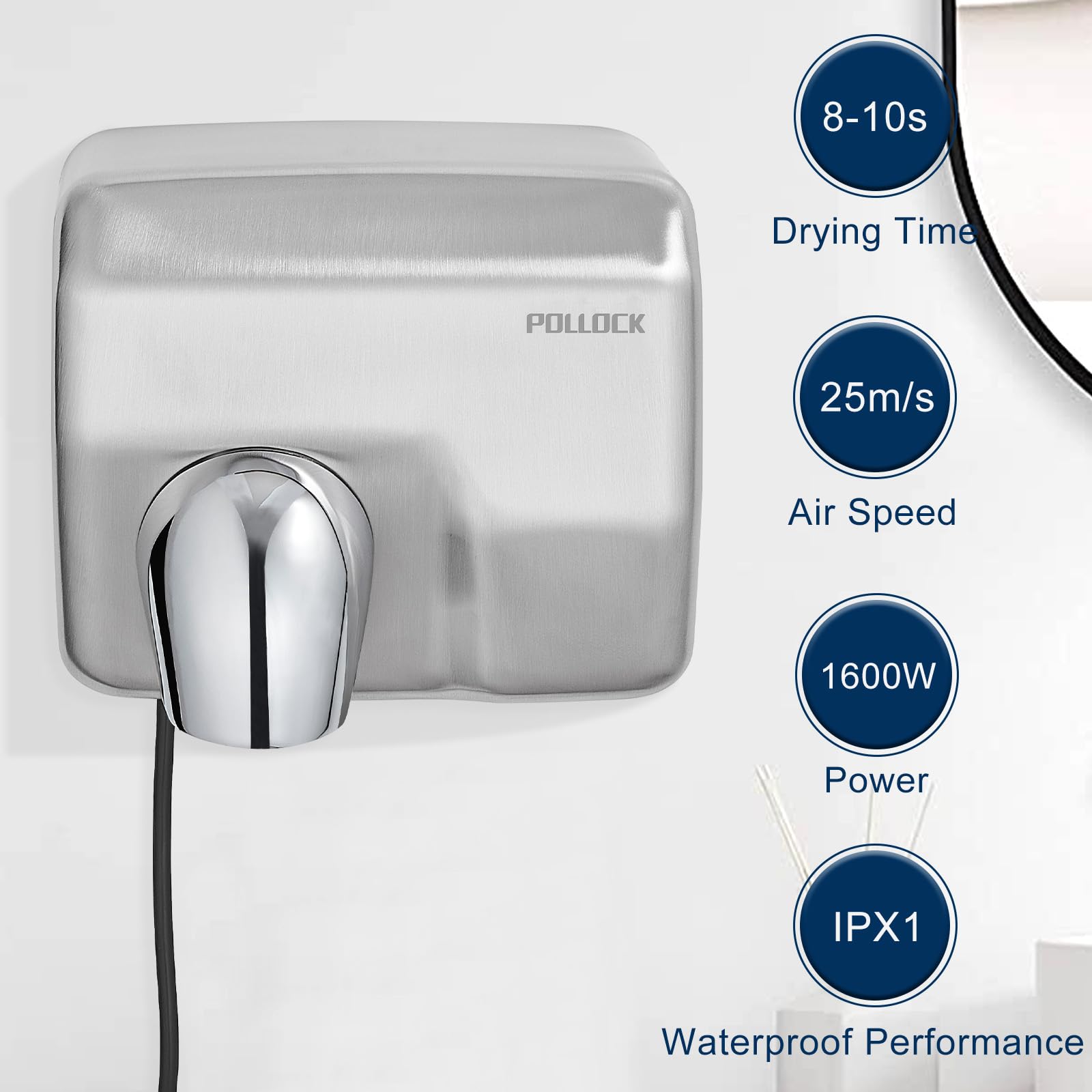 Pollock Händetrockner Edelstahl Wand 1600 W Sensor