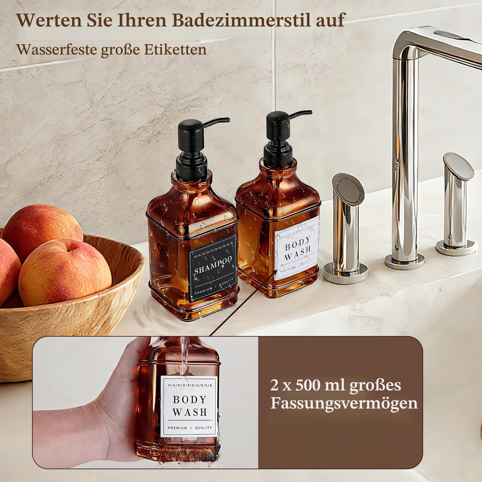 Pollock Seifenspender Glas 2x500 ml Bernstein-Schwarz Pumpe