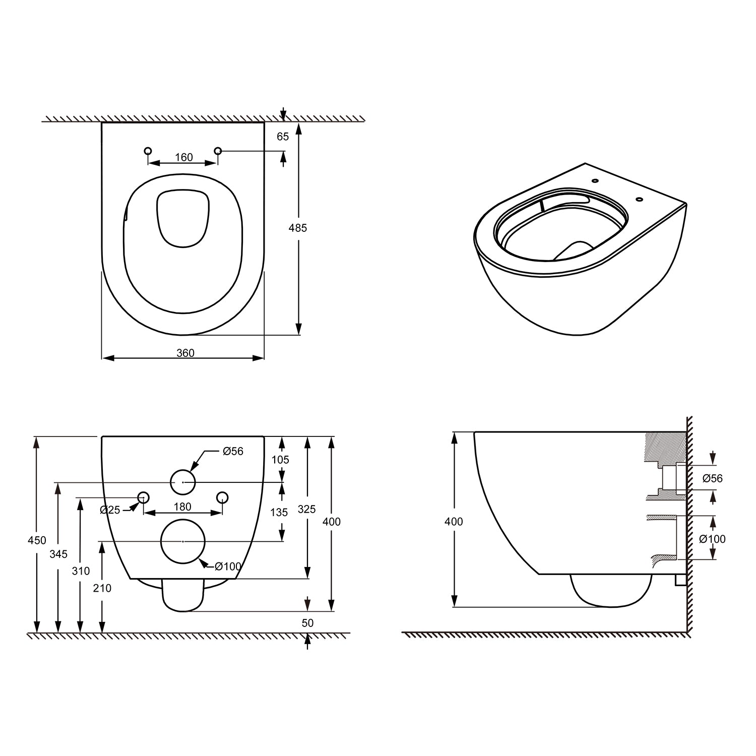 Treos Serie 810 Wand-WC Set 48 cm spülrandlos weiß