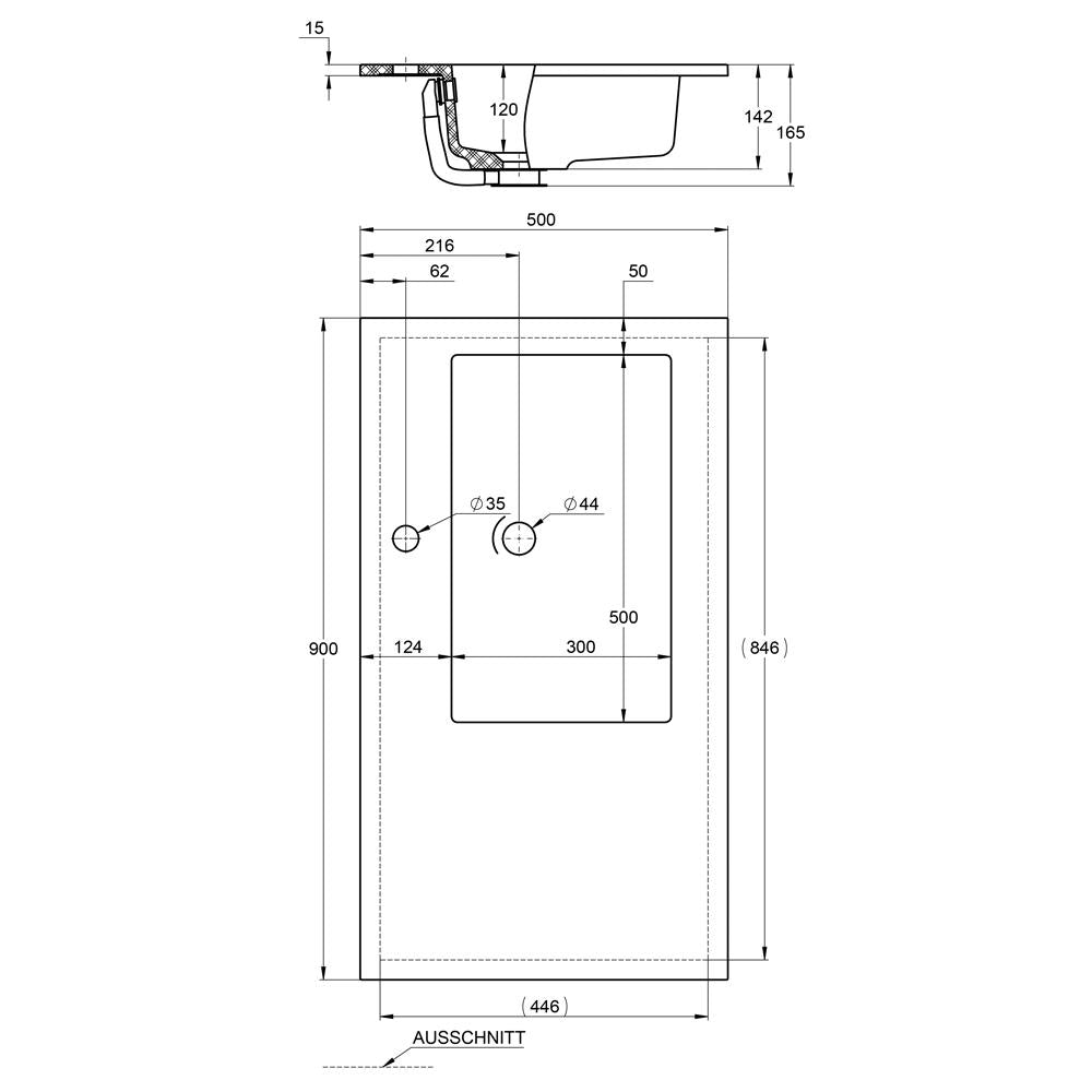 Treos Serie 750 Einbaubecken 900x500 weiß Ablage links