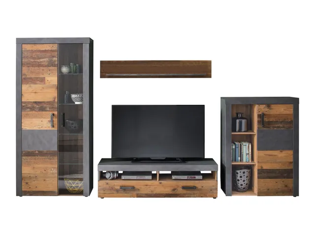 trendteam Indy Anbauwand Graphit Old Wood Wohnwand mit Beleuchtung