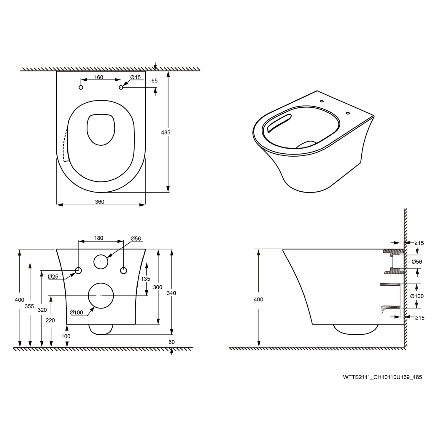 Treos Serie 810 Wand-WC Tiefspüler spülrandlos schwarz mit Sitz