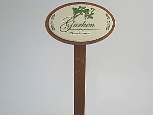 Münder Email Gartenschild oval 10,5x7 cm mit Erdspieß 30 cm Gurken