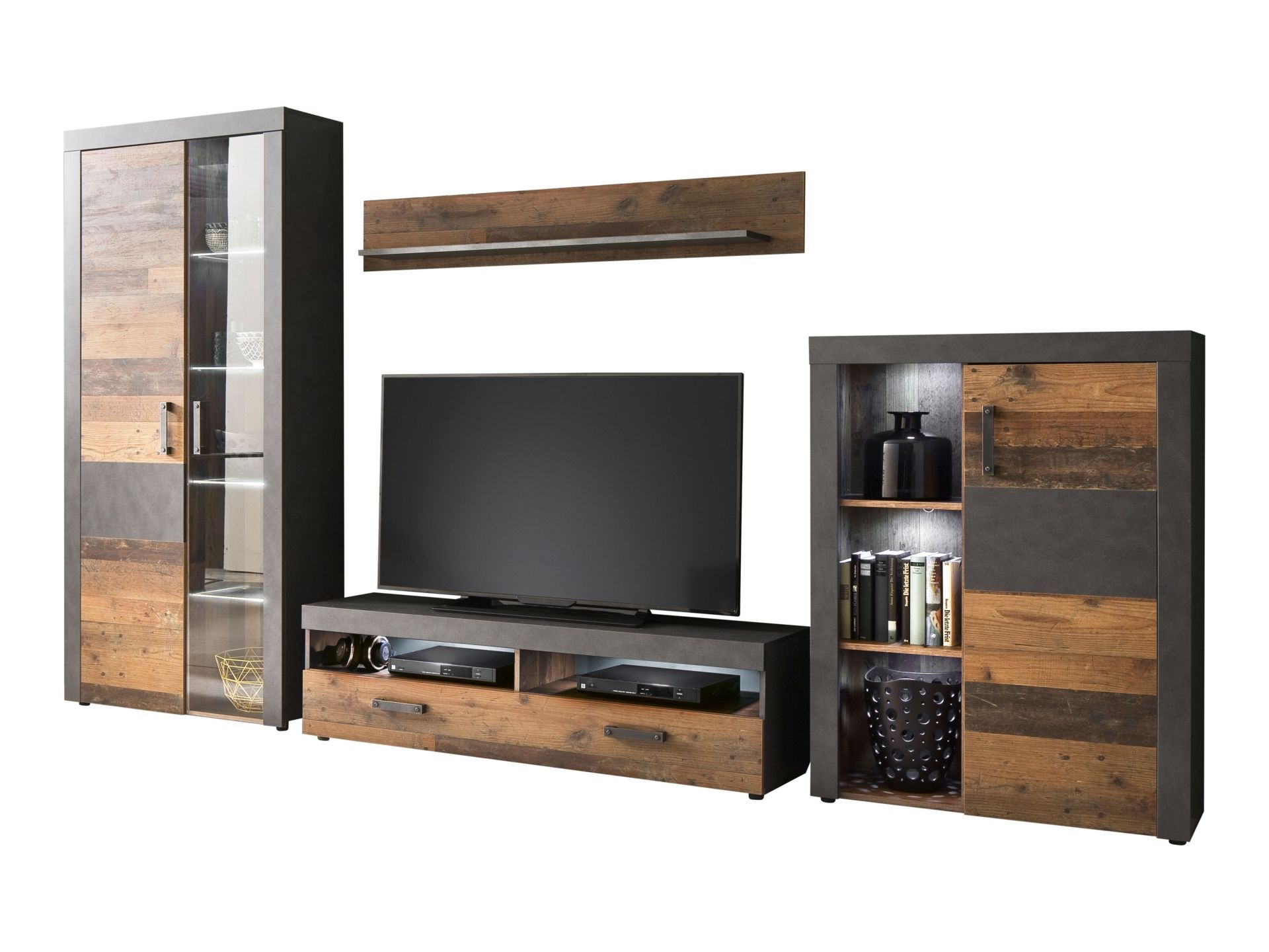 trendteam Indy Anbauwand Graphit Old Wood Wohnwand mit Beleuchtung