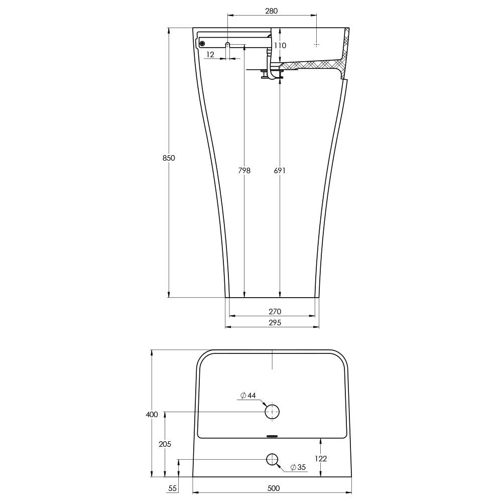 Treos Serie 710 Standwaschbecken 500 x 400 x 850 mm weiß