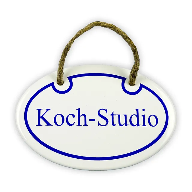 Münder Emaille Lagerschilder Koch-Studio Emailschild 10,5x7 cm weiß/blau