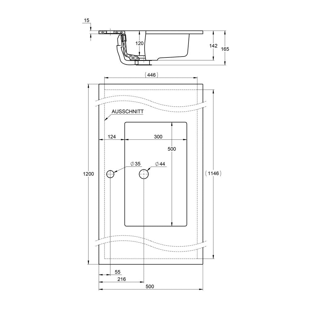 Treos Serie 750 Einbaubecken 1200 x 500 mm weiß glänzend