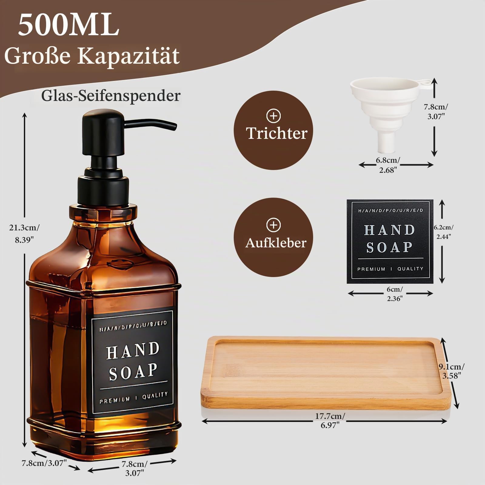 Pollock Seifenspender Glas 2x500 ml Bernstein-Schwarz Pumpe