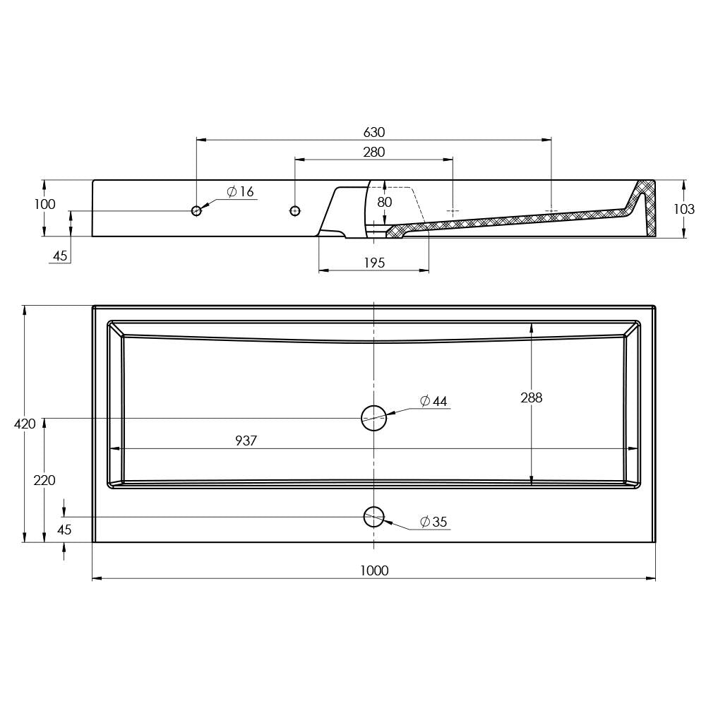 Treos Serie 710 Waschbecken Mineralguss 1000x420 Hahnloch