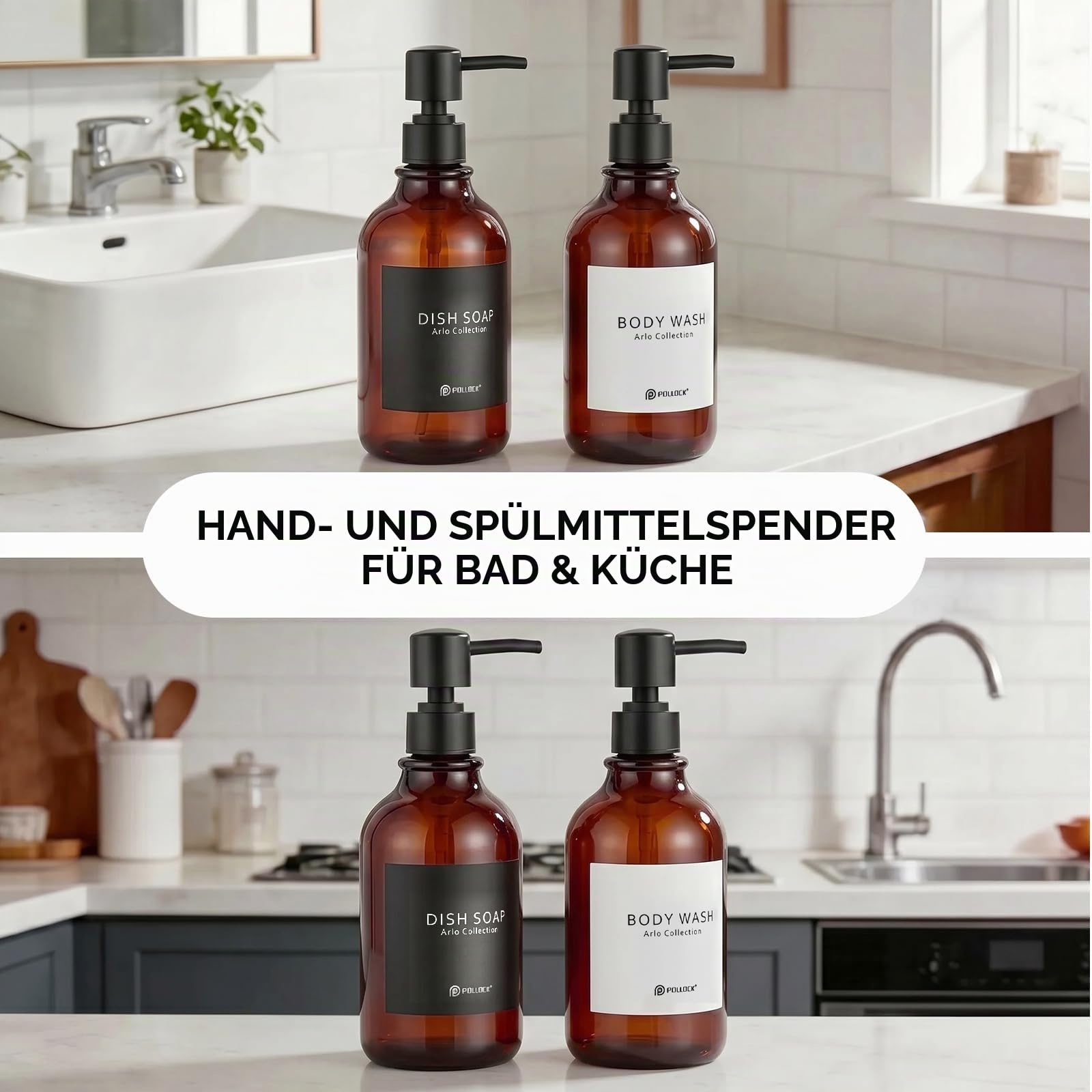 Pollock Soap Dispensers Seifenspender 2x500ml Bernstein Schwarz Pumpe