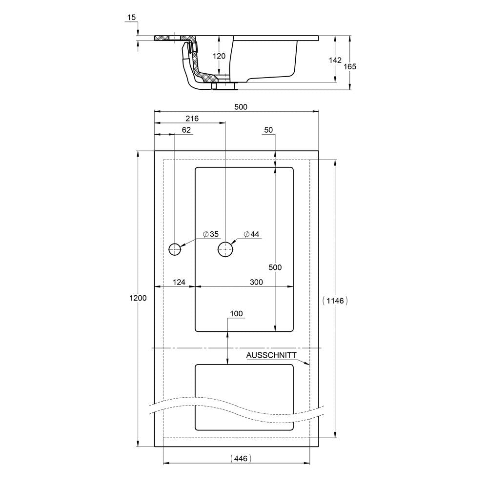 Treos Serie 750 Doppelbecken 1200x500 mit Hahnloch weiß