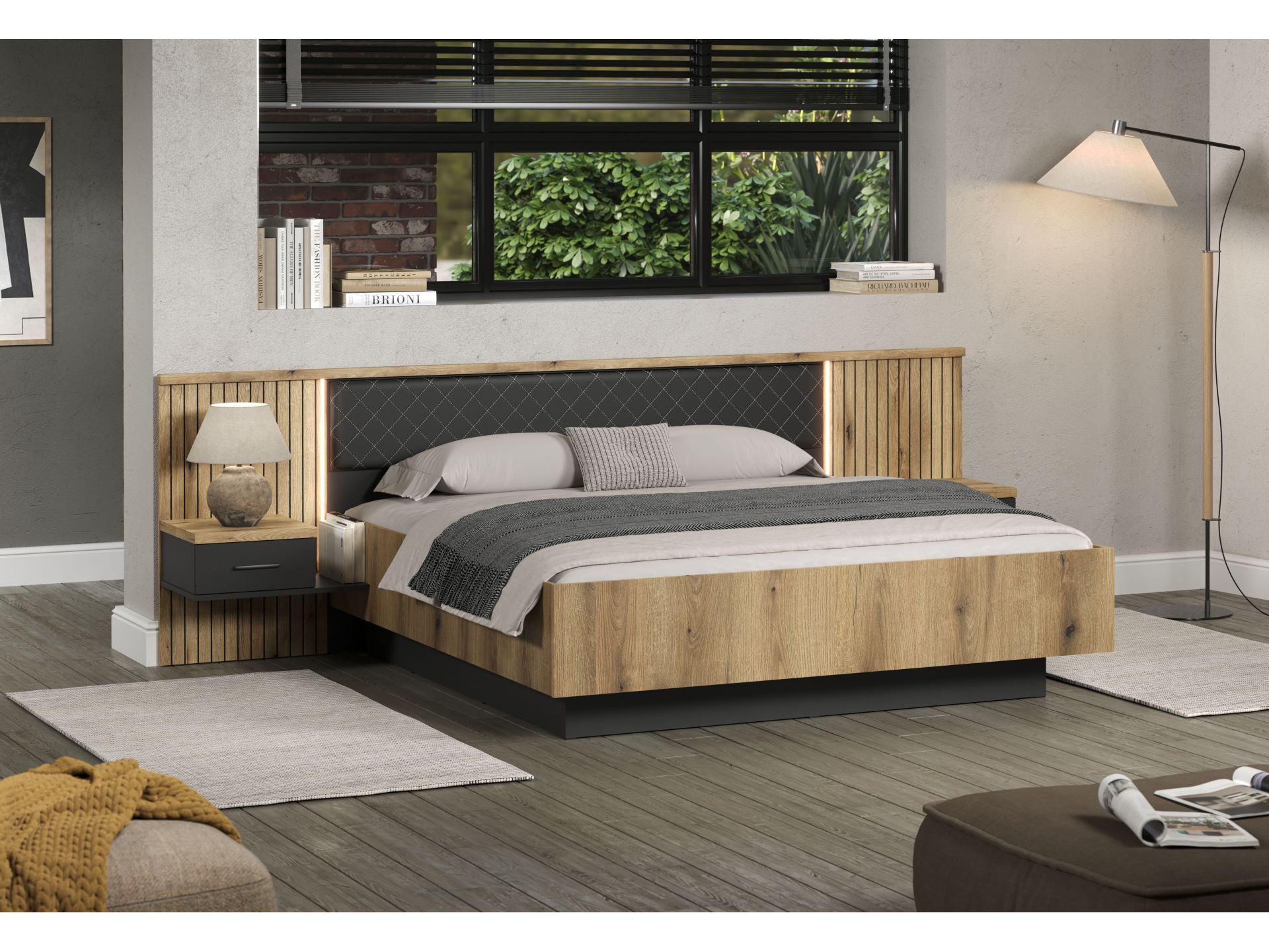 trendteam Esteban Bett Anthrazit Evoke Oak LED Nachkonsolen