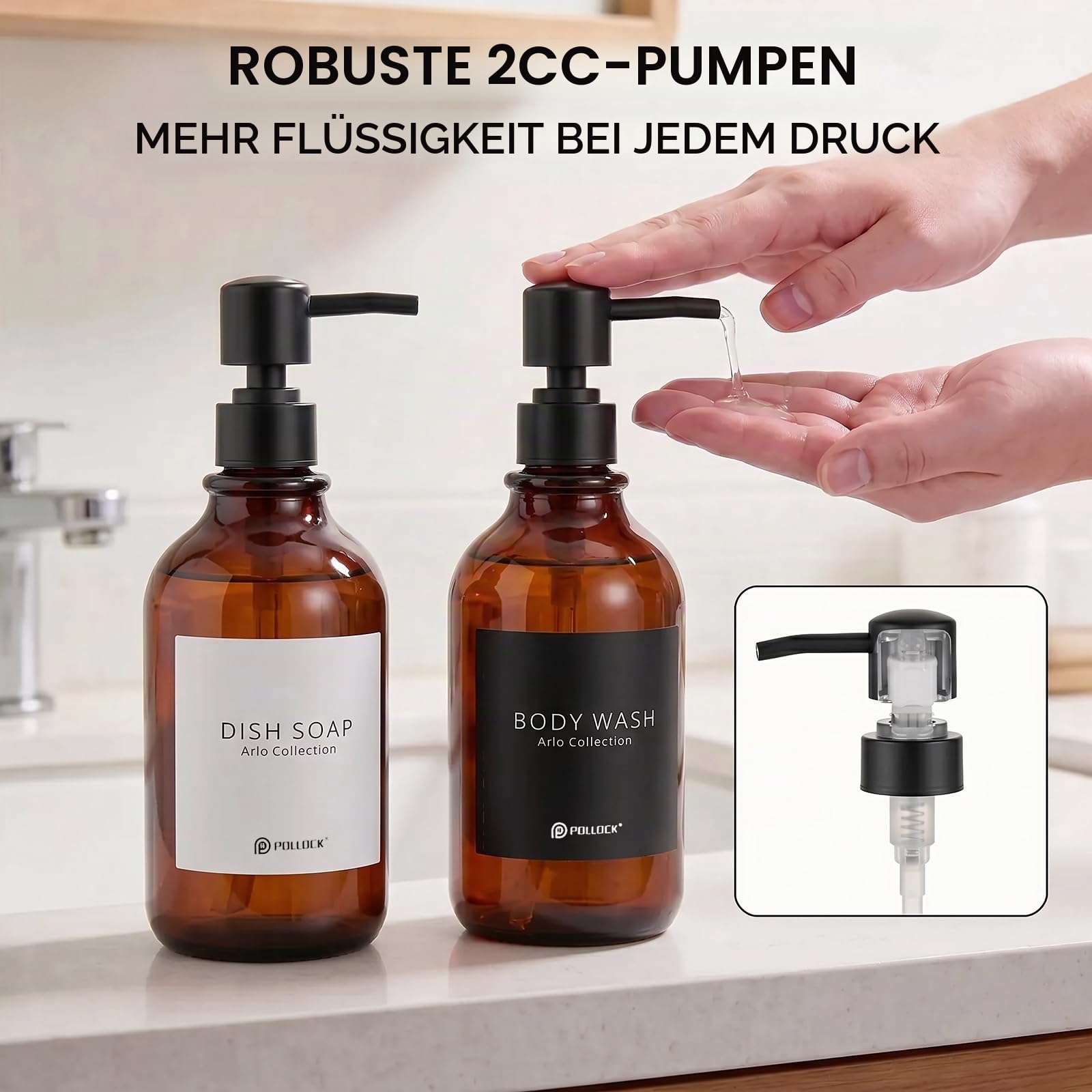 Pollock Soap Dispensers Seifenspender 2x500ml Bernstein Schwarz Pumpe