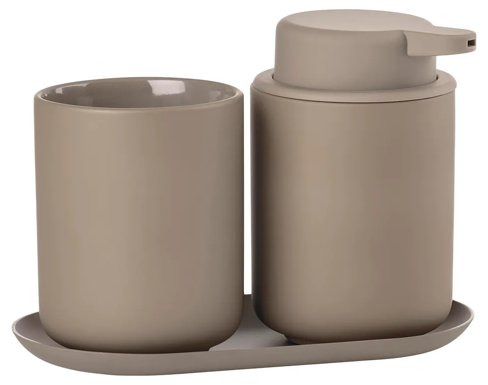 Zone Denmark Ume Badset Taupe Seifenspender Becher Tablett